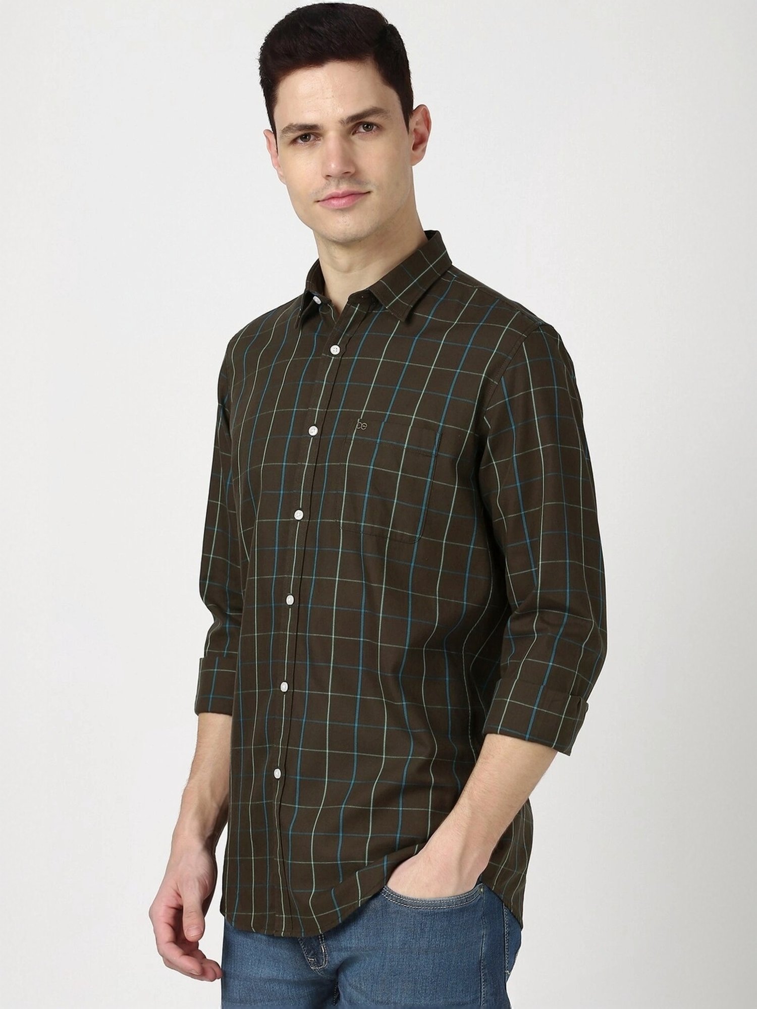 Peter England Brown Cotton Slim Fit Checks Shirt