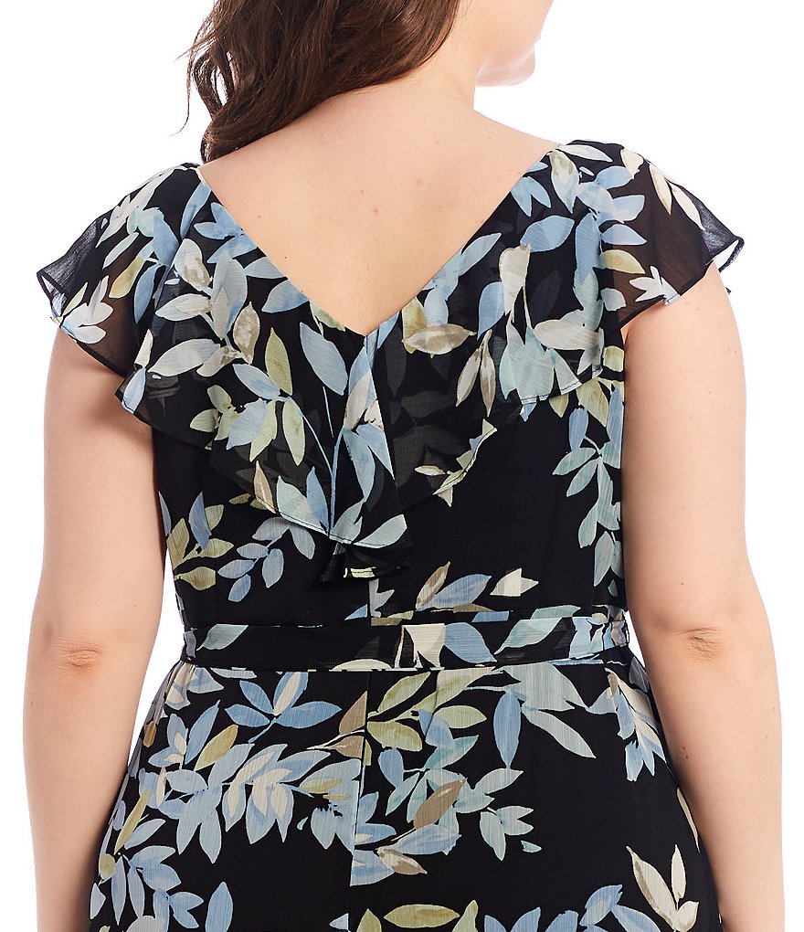London Times Plus Size Floral Print V-Neck Sleeveless Chiffon Faux Wrap Flounce Hem Midi Dress