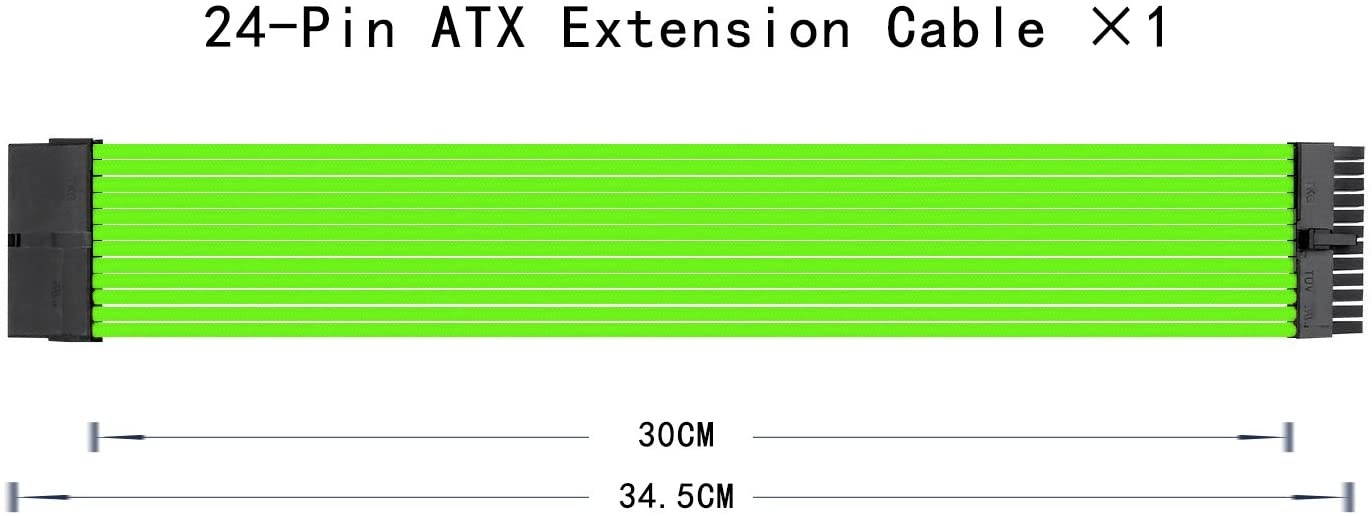 Sleeved Cable - Cable Extension for Power Supply with Extra-Sleeved 24-PIN 8-PIN 6-PIN 4+4 PIN - Green with Cable Combs(11.8 inch/ 30CM)
