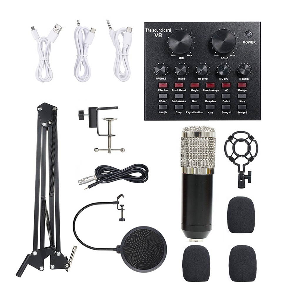 Multi-functional Live Sound Card + Microphone Kit Suspension Transmission Recording Condenser Microphone Set (Black & Silver)