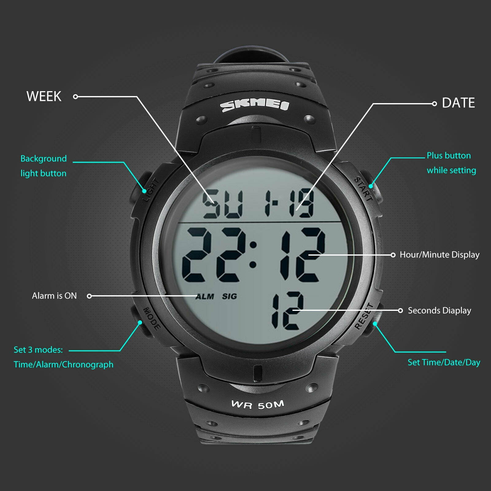 Fashion Men LED Digital Date Military Sport Rubber Quartz Watch Alarm Waterproof