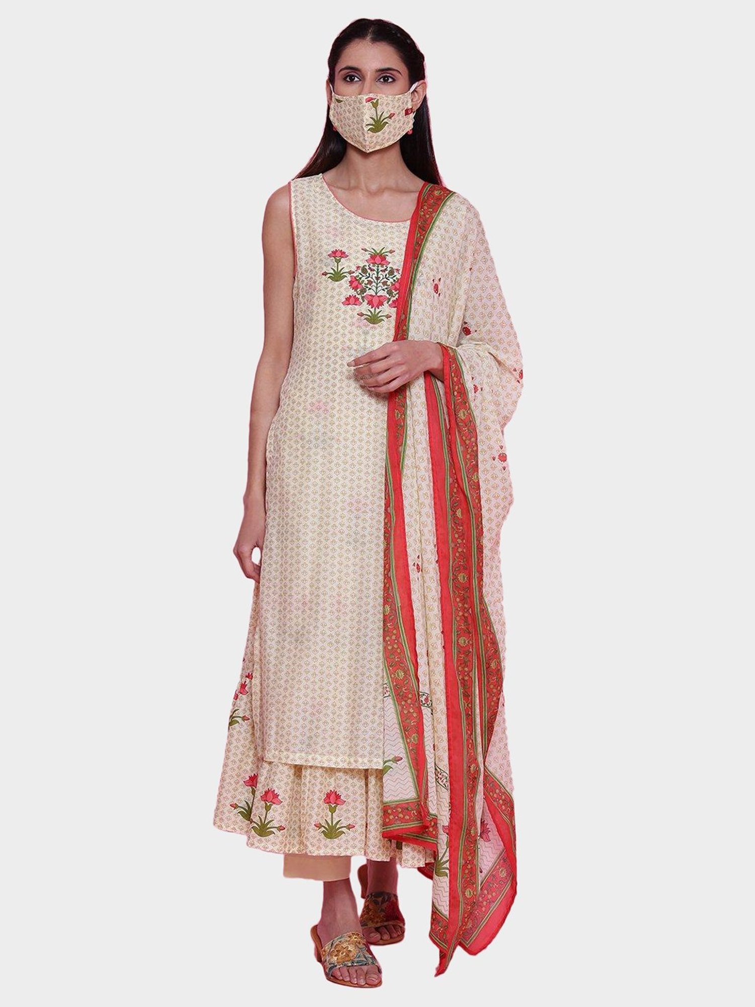 Biba Beige Printed Double Layered Kurta With Pant & Dupatta