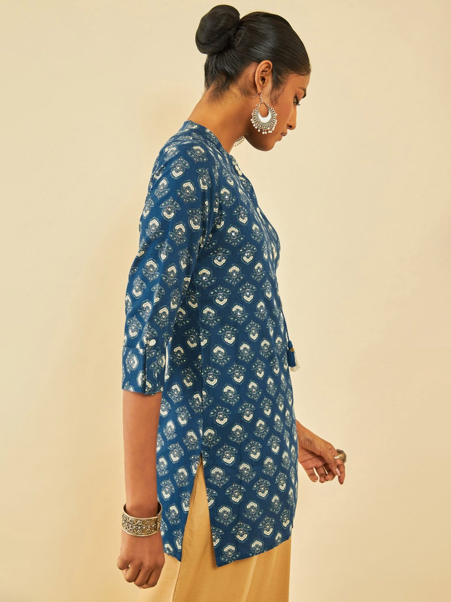 Soch Blue Rayon Floral Printed Tunic With Faux Mirror