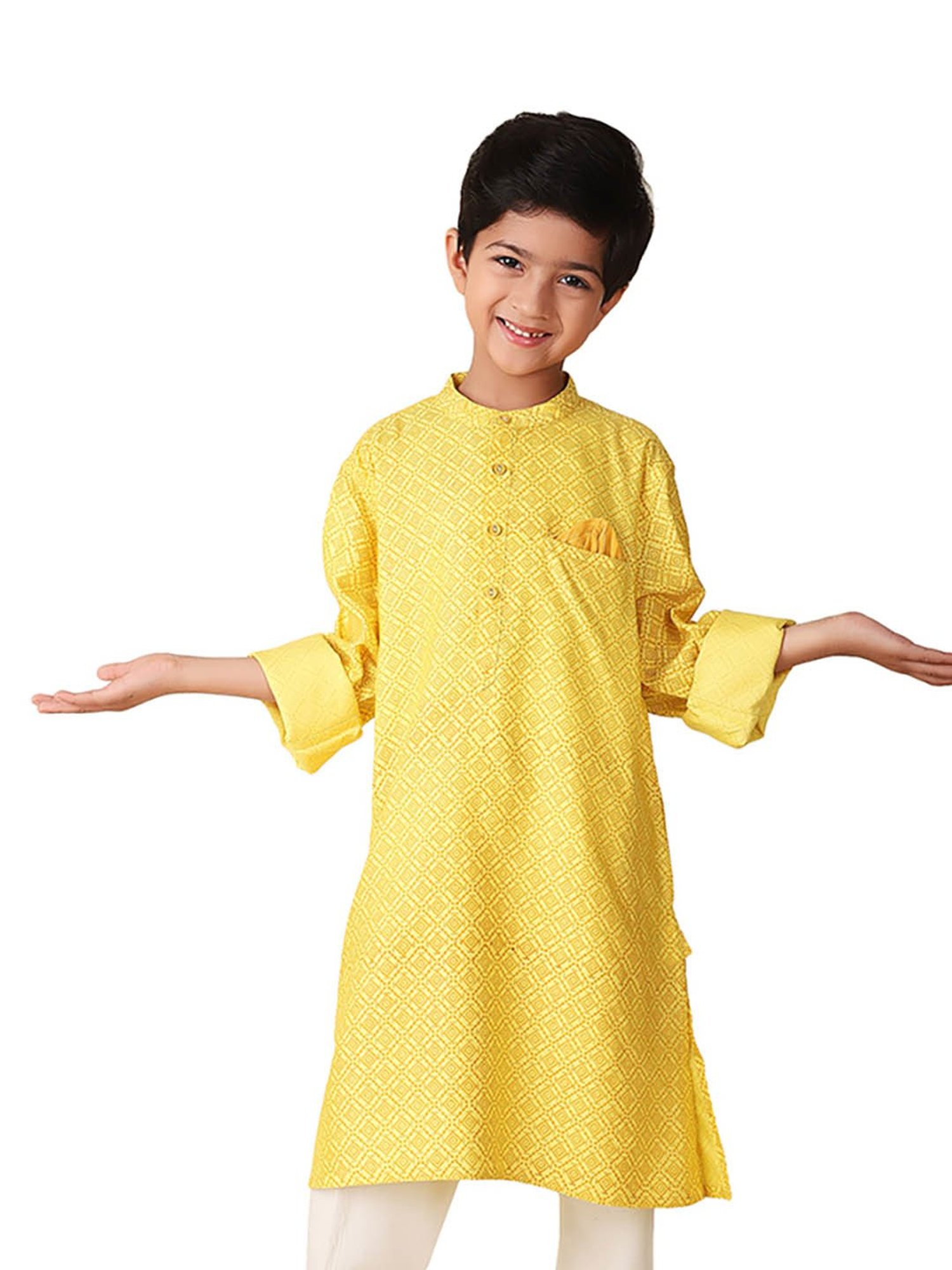 Fabindia Kids Yellow Printed Full Sleeves Kurta