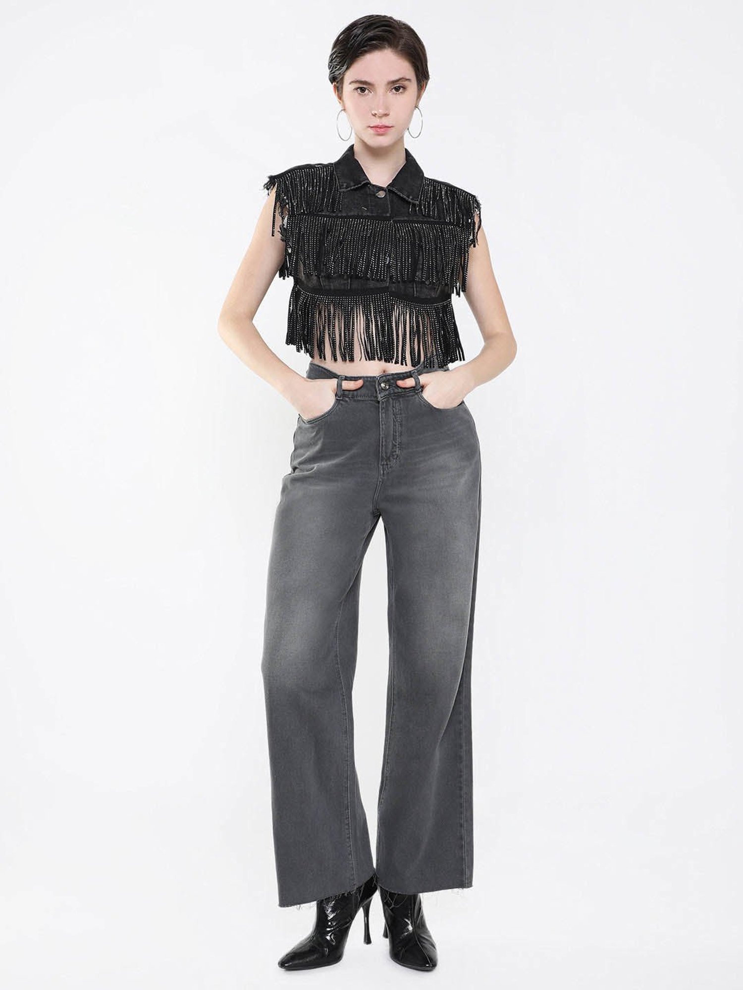 SHOWOFF Black Embellished Crop Denim Jacket