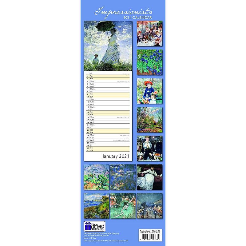 2021 Slimline Calendar with 12 Months, Impressionists Painting, Includes 180 Reminder Stickers, 16.5" x 6"