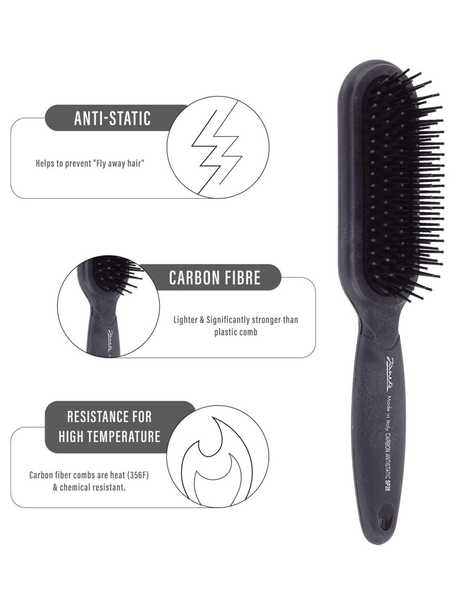 Janeke 1830 Professional Anti-Static Carbon Fibre Range Hair Brush - 22 cm