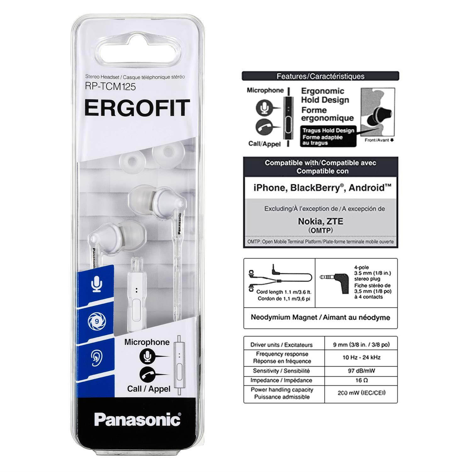 Panasonic ErgoFit In-Ear Earbuds Headphones with Mic/Controller RP-TCM125-W (White)