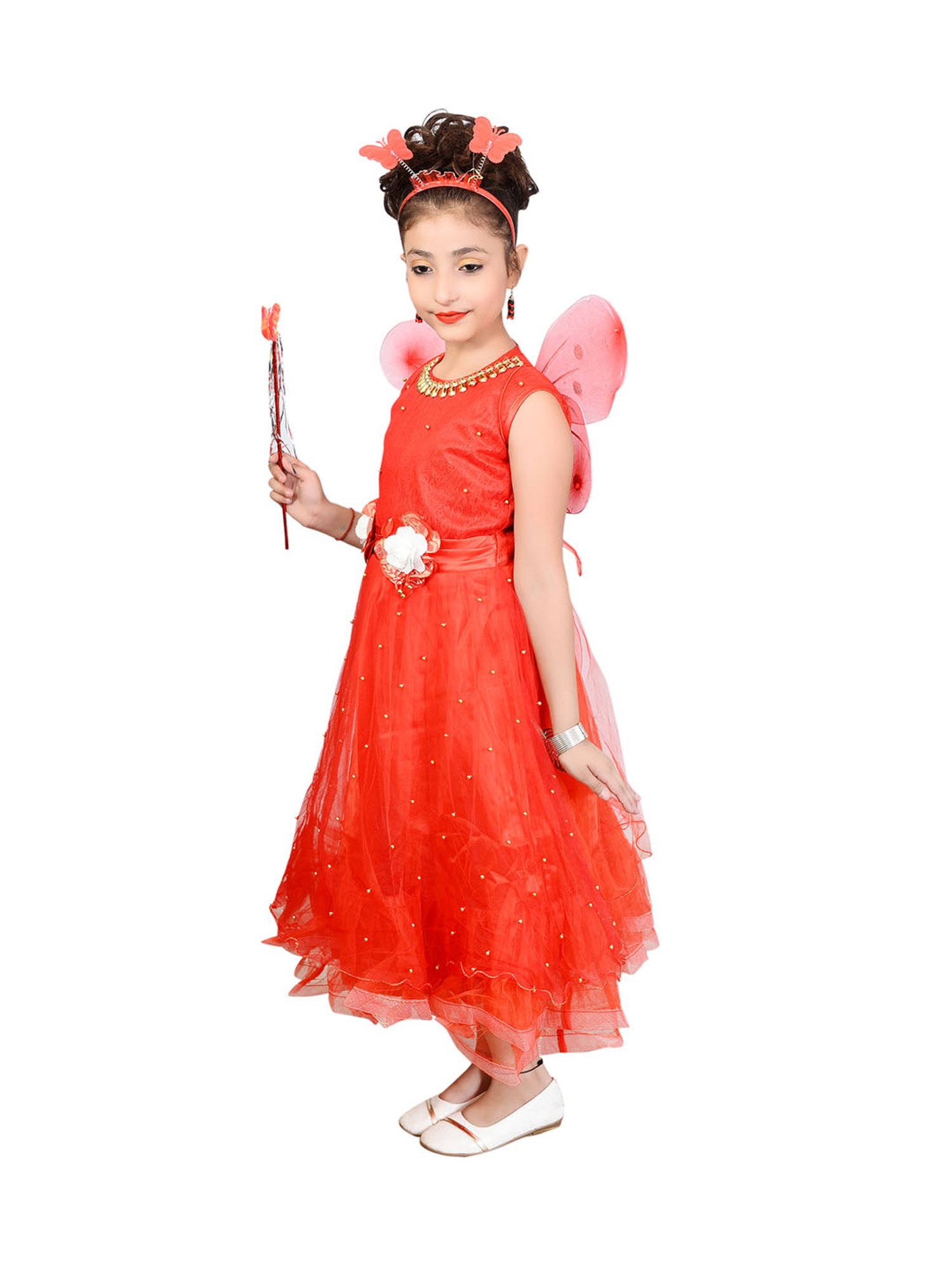 Ahhaaaa Kids Red Embellished Dress, Wings, Hair Band with Fairy Stick