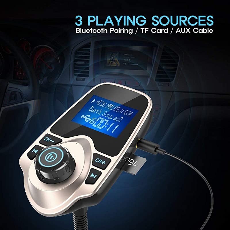 Bluetooth Car FM Transmitter Audio Adapter Receiver Wireless Handsfree Voltmeter Car Kit TF Card AUX 144 Display KM18 Golden