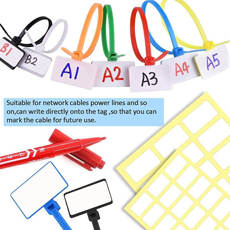 160 Pieces Zip Tie Tags Colorful Zip Tie Labels in 4/6 Inches Self Locking Cable Tie Marker with 288 Pcs White Labels and 3 Pcs Marker