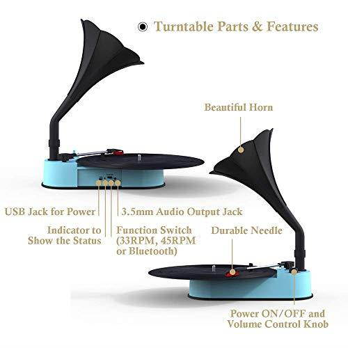 Turntable Record Player with Horn Speaker for 3345 RPM RecordsMini Gramophone Supporting Bluetooth Playback Blue