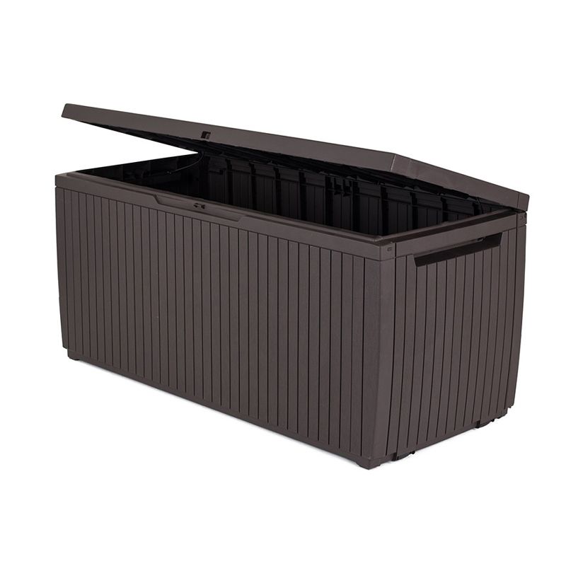 Keter 243547 Springwood 80 Gallon Resin Outdoor Storage Box for Patio Furniture Cushions, Pool Toys, and Garden Tools with Handles, Dark Brown