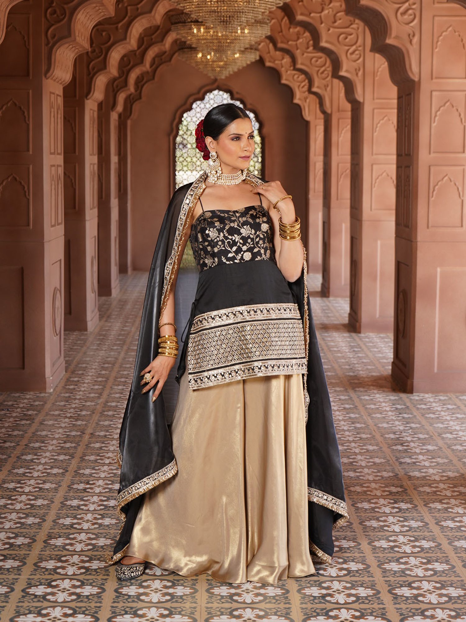 Monk and Mei Ayesha Strap Kurta with Satin Sharara & Dupatta
