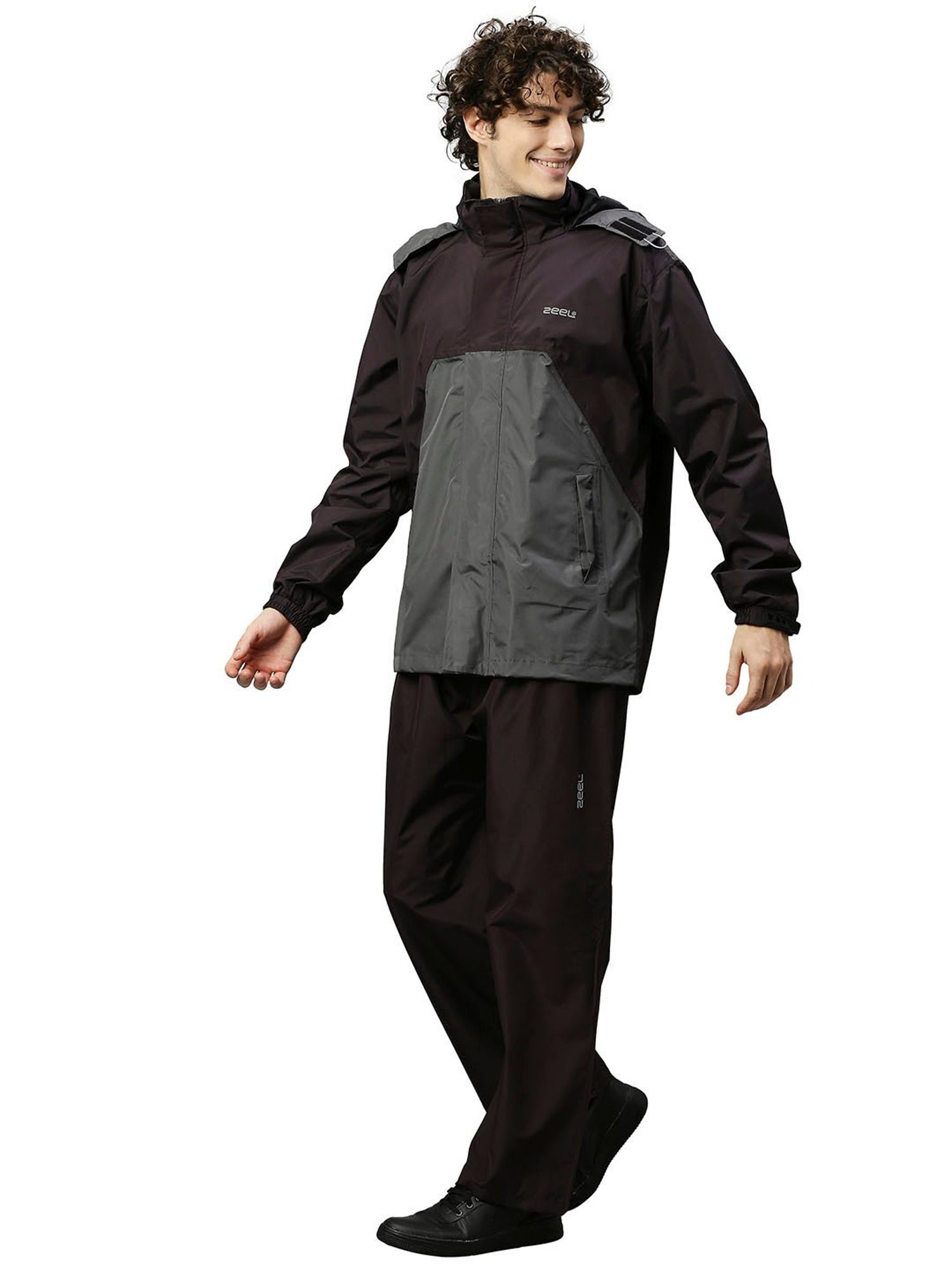 Zeel Maroon & Grey Colour-Block Rainwear Jacket