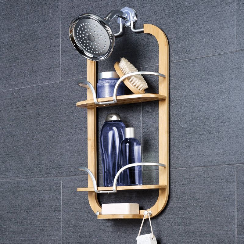 NeverRust LockTop Aluminum and Bamboo Over the Shower Caddy Satin Chrome - Zenna Home