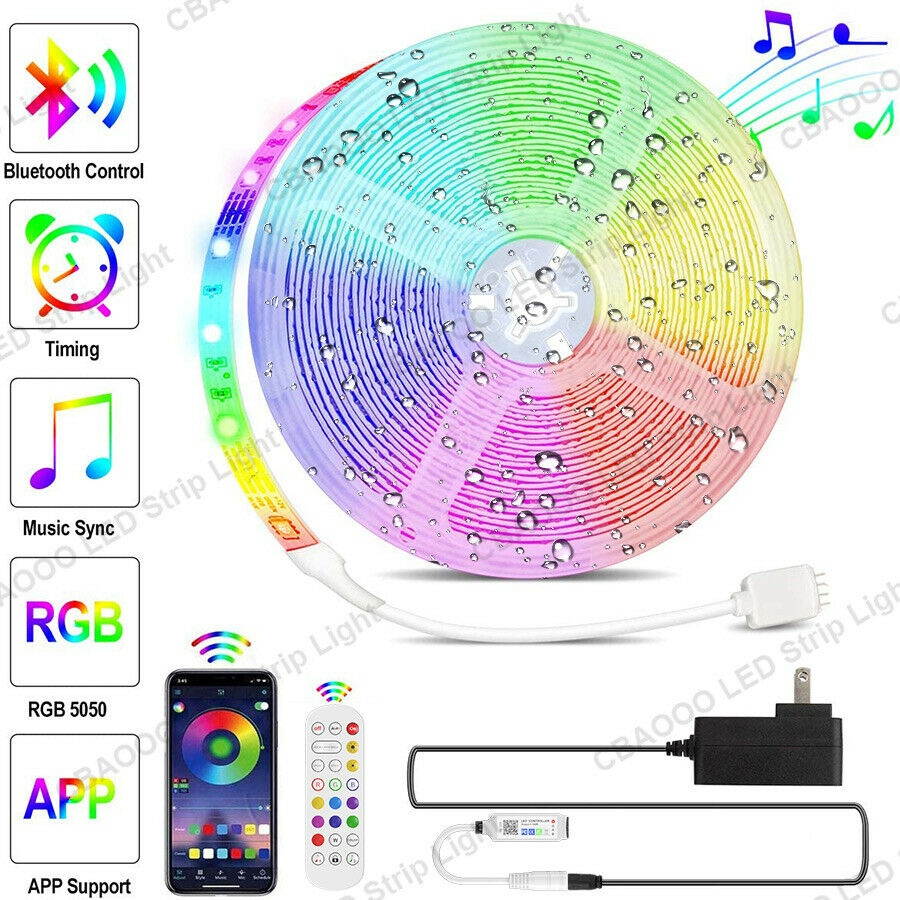 16ft 5050 RGB Waterproof Bluetooth Music LED Strip Lights Set APP +Remote +Power