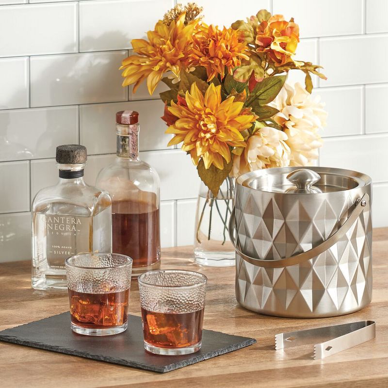 mDesign Ice Bucket with Lid, Tongs, Handle - Insulated Stainless Steel - Brushed