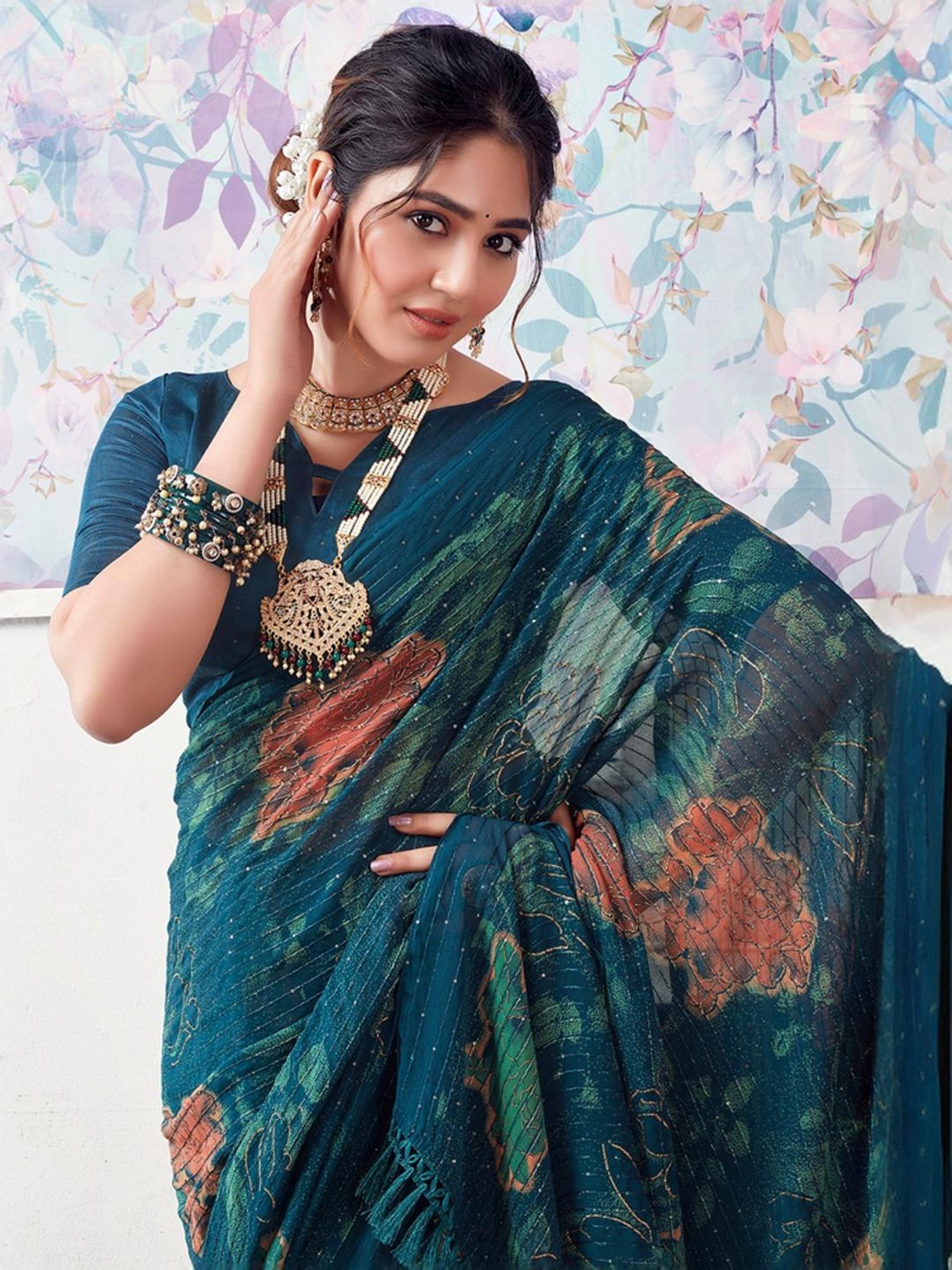 Satrani Blue Floral Print Saree With Unstitched Blouse