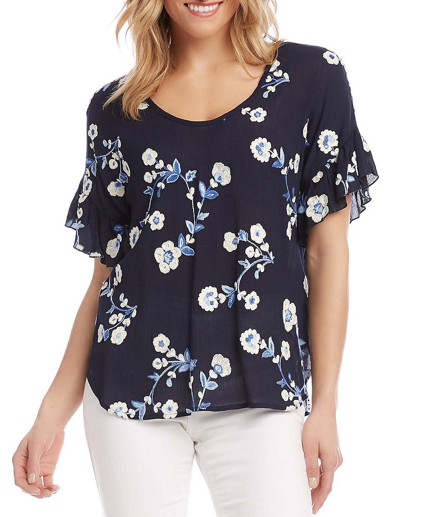 Karen Kane Floral Embroidered Scoop Neck Ruffle Short Sleeve Top
