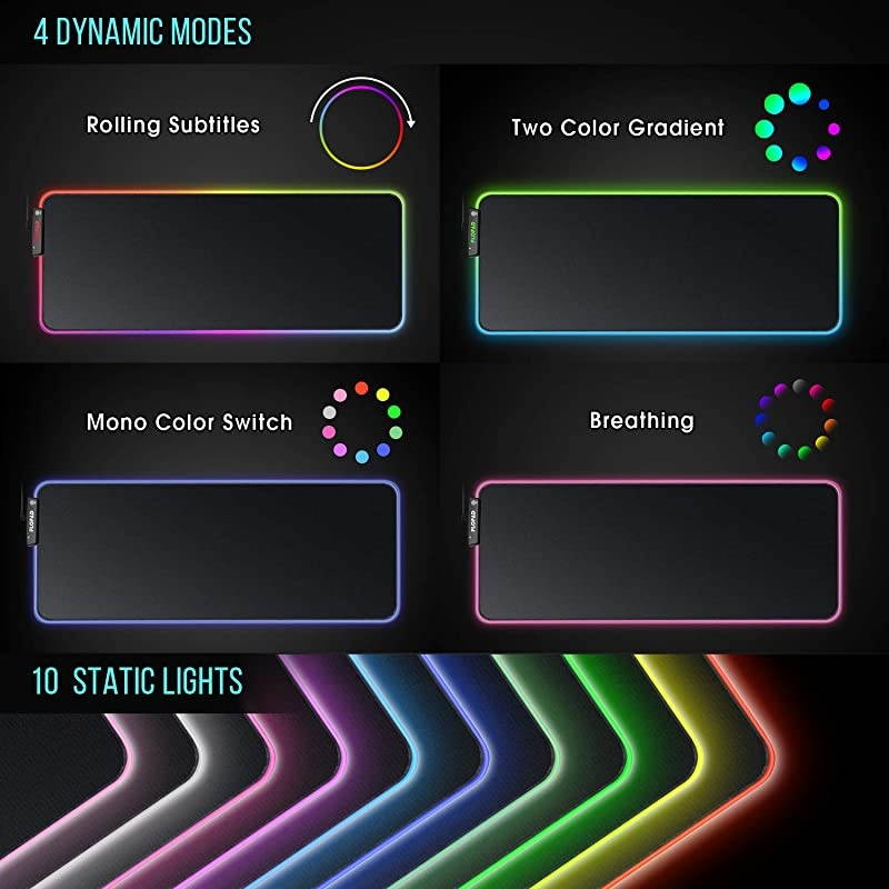 RGB Gaming Mouse Pad - 14 Light Modes Extended Computer Keyboard Mat with Durable Stitched Edges and Non-Slip Rubber Base, High-Performance Mouse Pad Optimized for Gamer 31.5X 11.8in