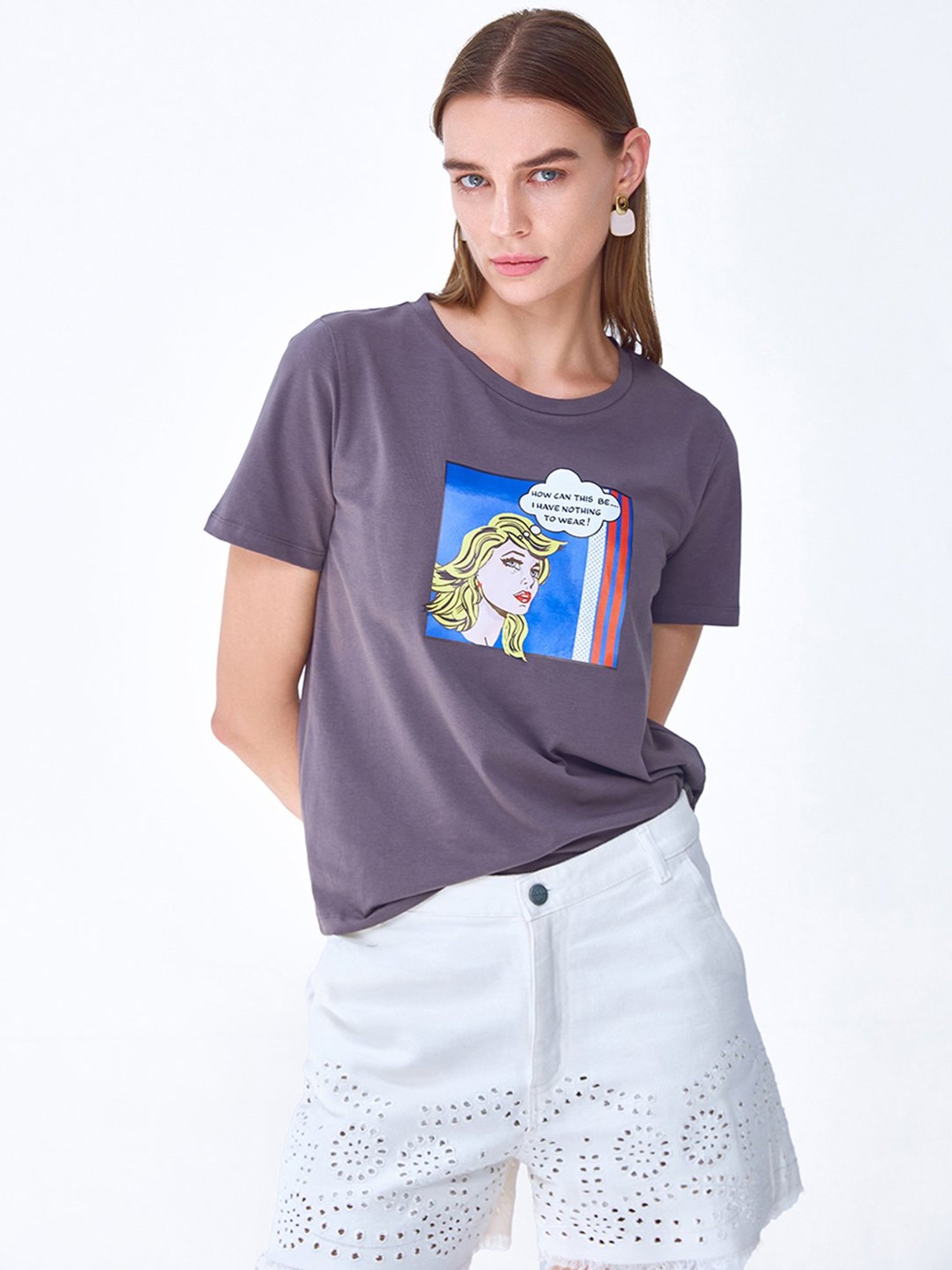 Cover Story Grey Cotton Printed T-Shirt