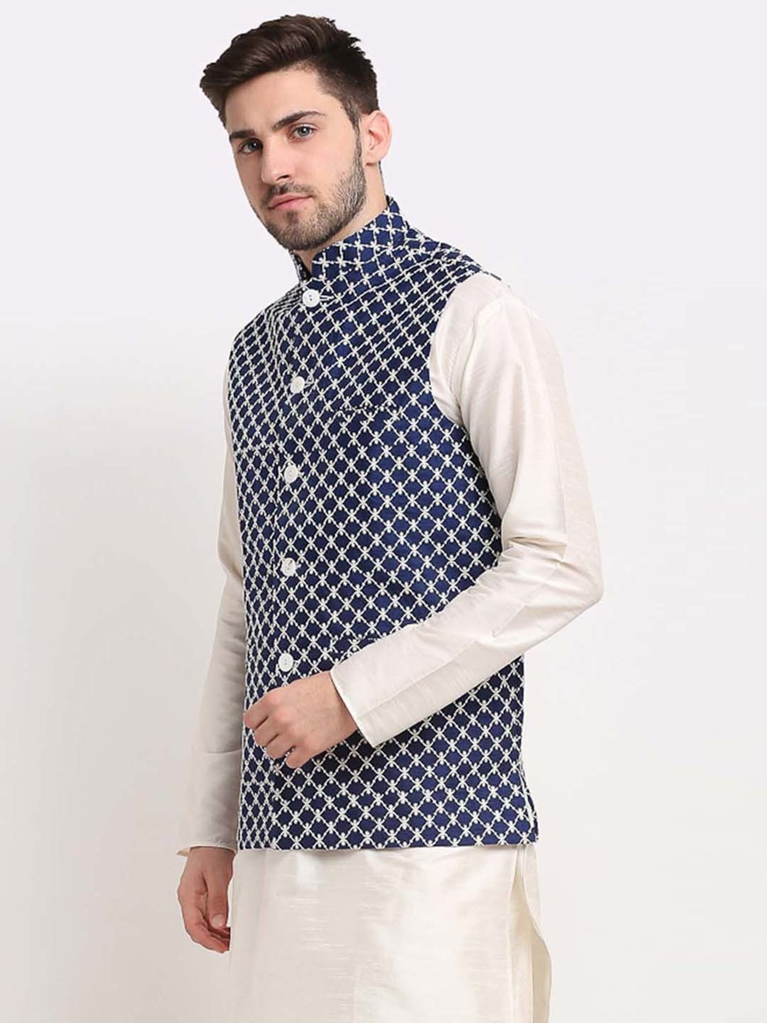 Jompers Navy Regular Fit Embroidered Nehru Jacket
