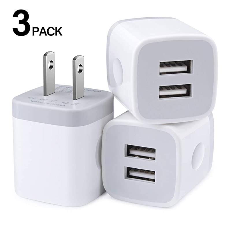 Box, Wall , Dual USB Phone Adapter, 2.1 amp USB Plugs 3 Pack Wall Plug in Fast Charging Blocks for iPhone 12 11 Pro Max XS XR X SE 8 7 6S Plus Samsung Galaxy S21 S20 Note 21 20