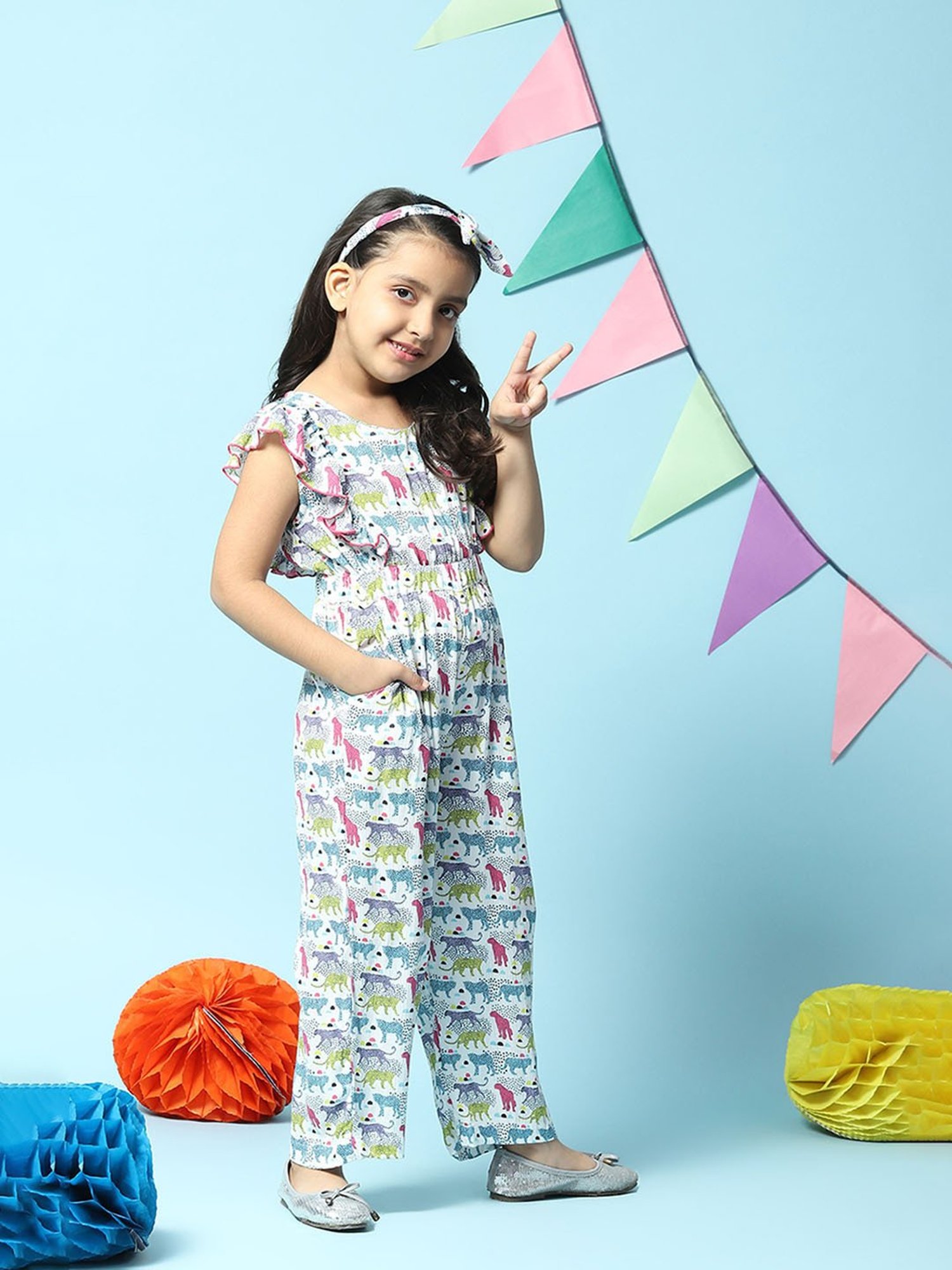 BIBA Girls White Printed Jumpsuit with Headband