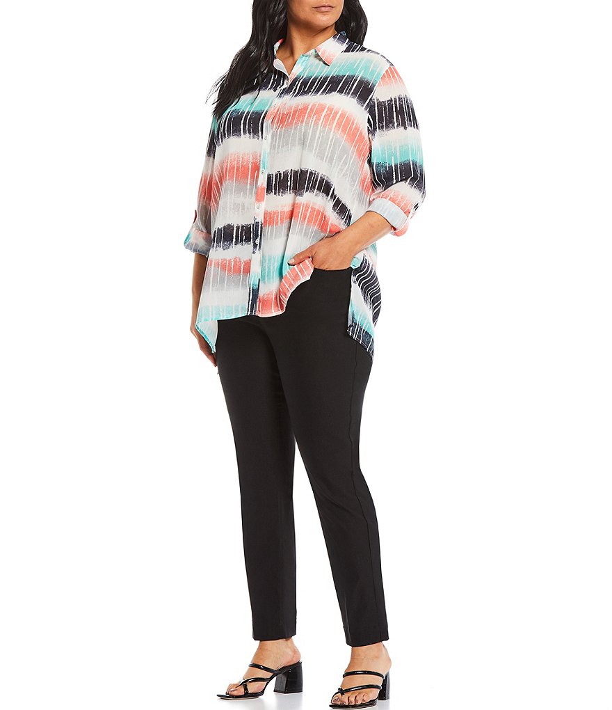 Multiples Plus Size Ombre Stripe Crinkle Woven Point Collar Neck Roll-Tab Long Sleeve Hi-Low Button Down Shirt
