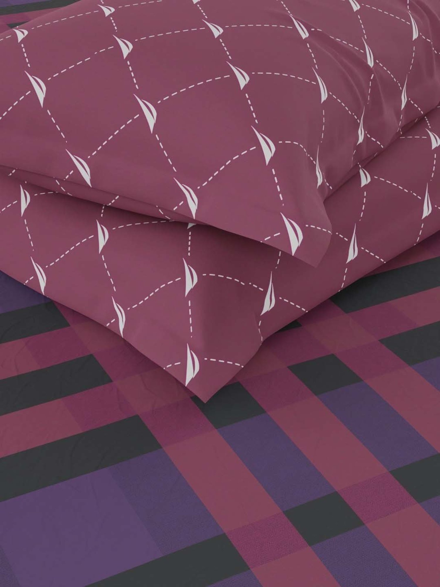 NAUTICA Pacific Coast Red & Grape Cotton 160 TC King Bedsheet with 2 Pillow Cover