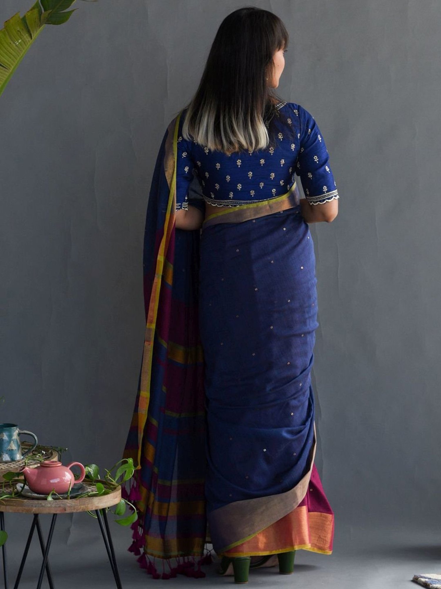 Suta Blue & Pink Cotton Embellished Saree Without Blouse