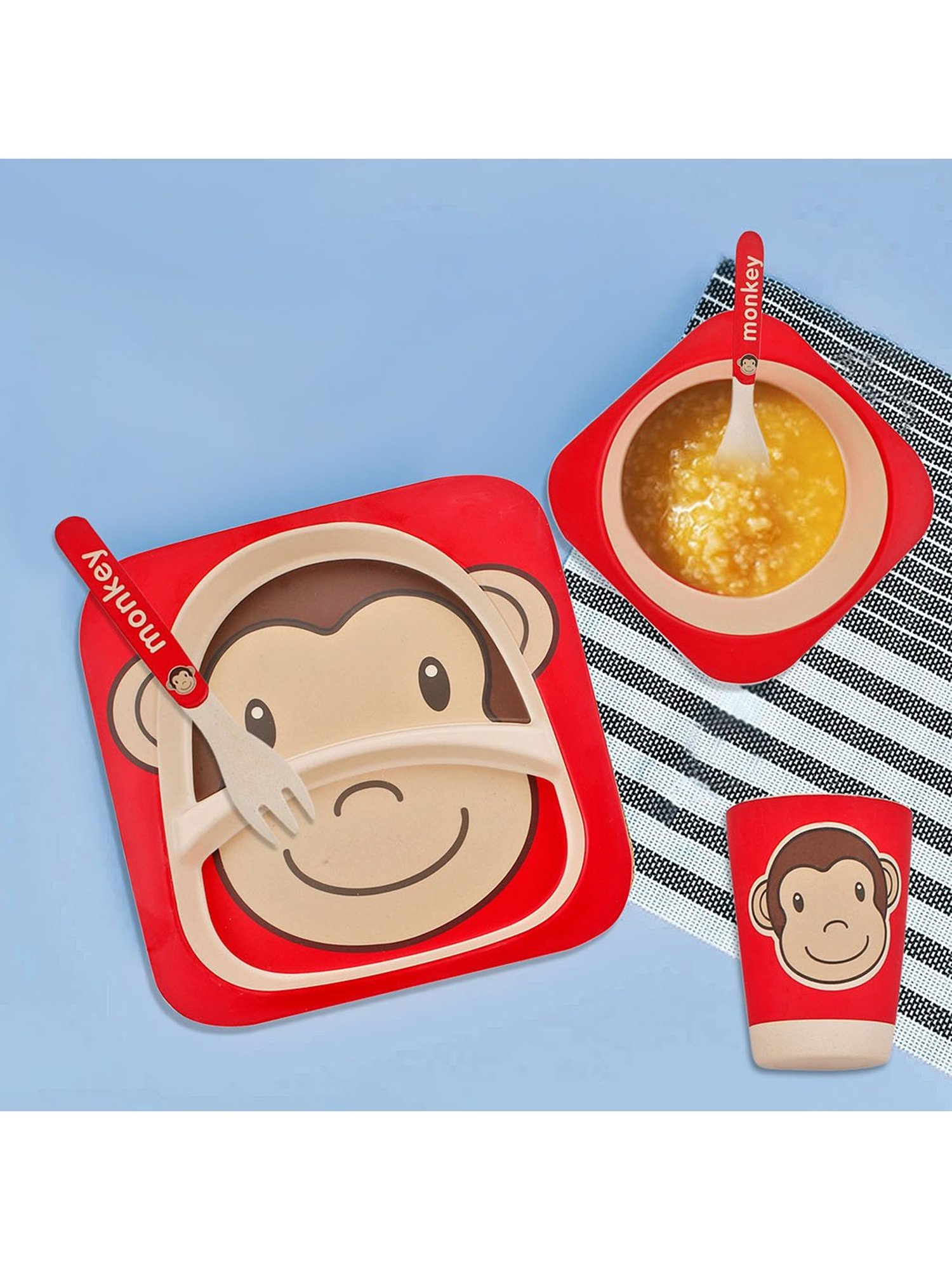 Baby Moo Monkey Red Bamboo Fiber Dinner Set