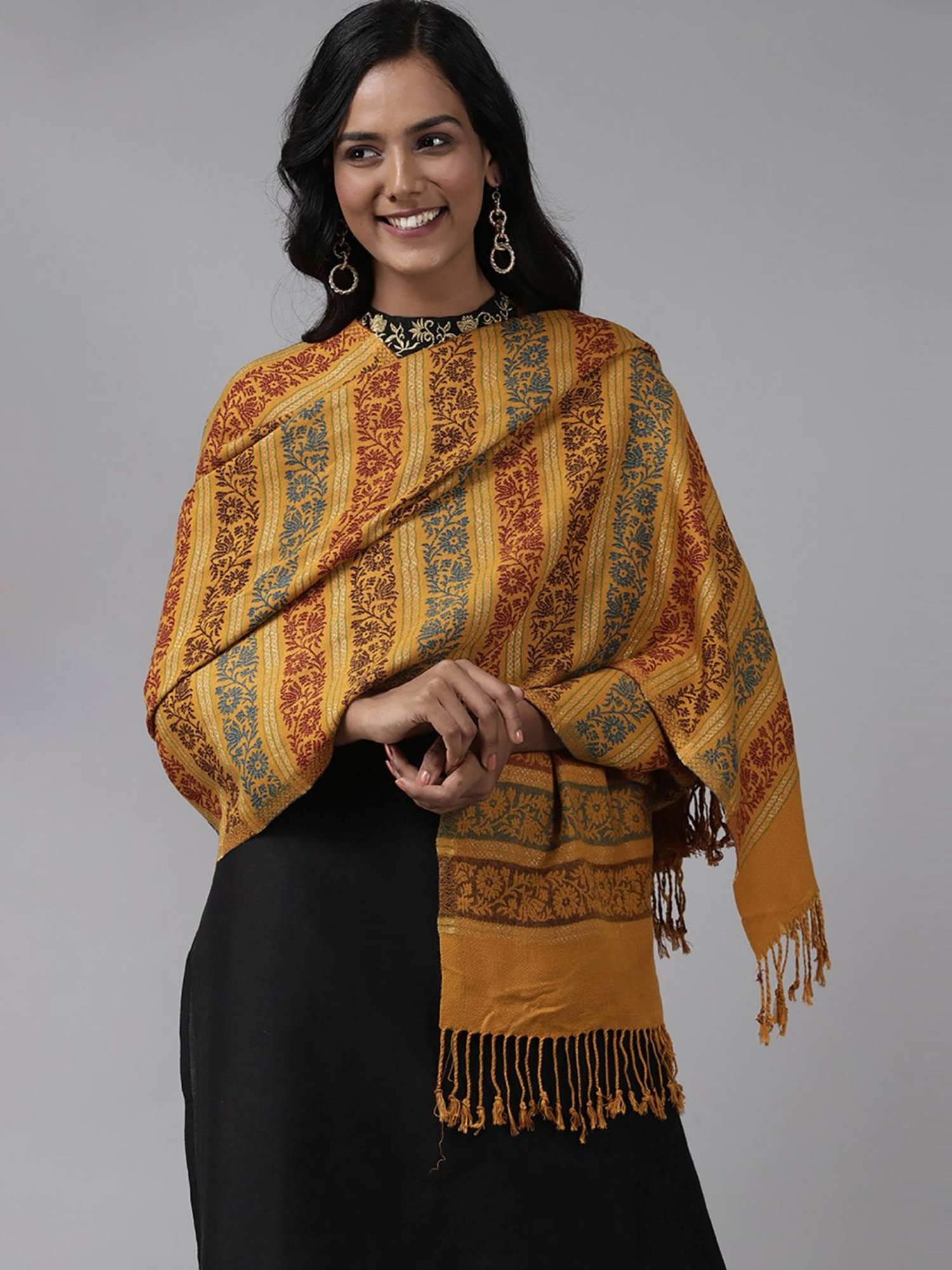 Indo Era Yellow Woven Pattern Shawl