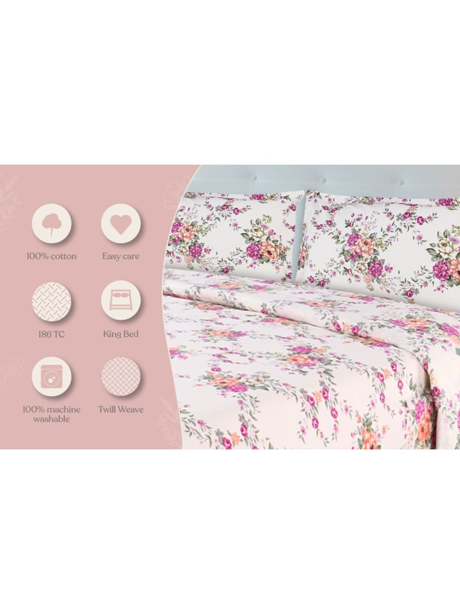 Haus & Kinder Greek Garden Romance Pink & Orange 144 TC Cotton King Bed Sheet with 2 Pillow Covers