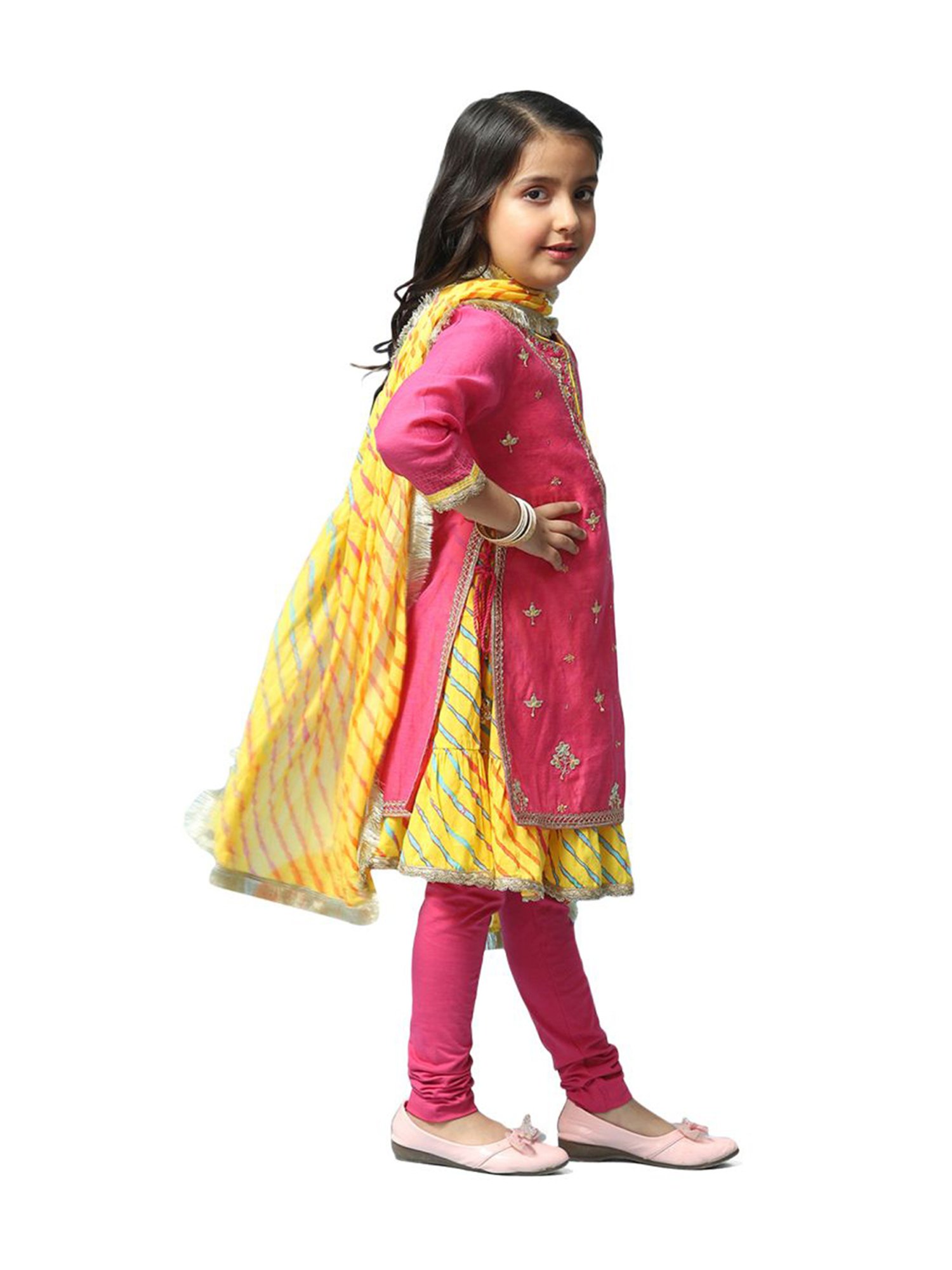 BIBA Girls Pink & Yellow Cotton Embroidered Kurta Set