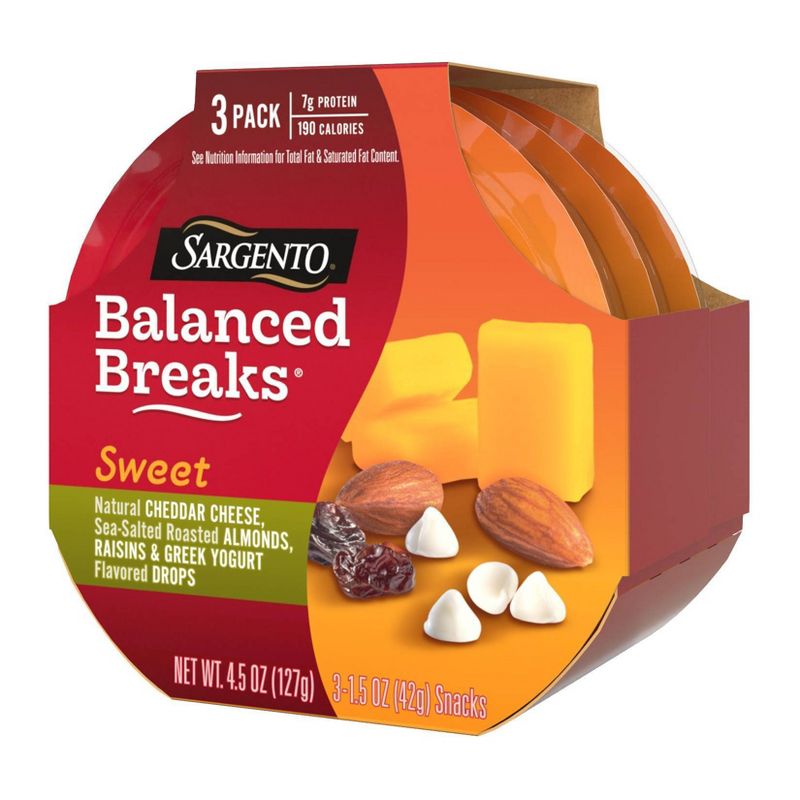 Sargento Sweet Balanced Breaks Natural Cheddar Cheese, Sea-Salted Roasted Almonds, Raisins and Greek Yogurt Flavored Drops - 3pk