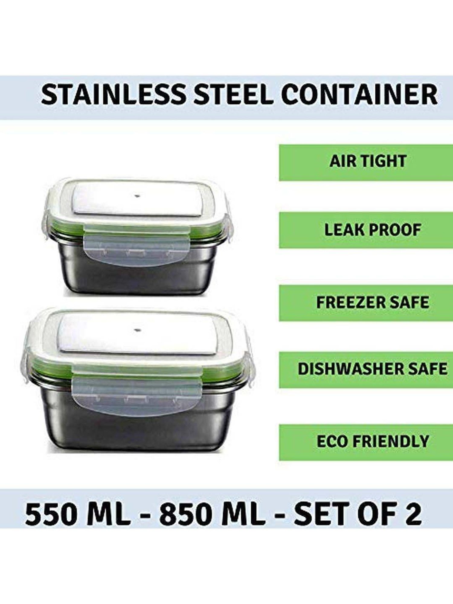 Femora High Steel Rectangular Lunch Box with Air Tight Lid (550 ml & 850 ml) - Set of 2