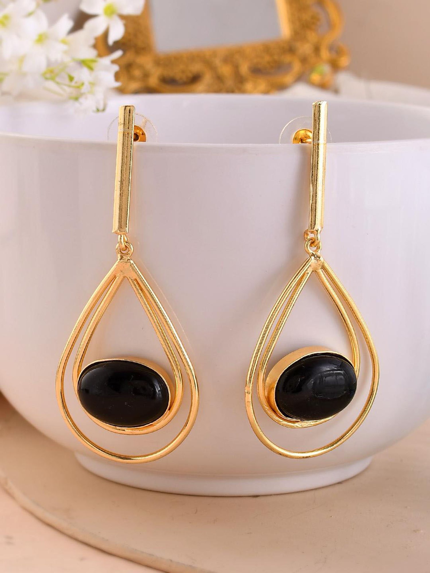 VOJ 1 Gram Gold Plated Black Stone Studded HandCrafted Drop Earrings for Women