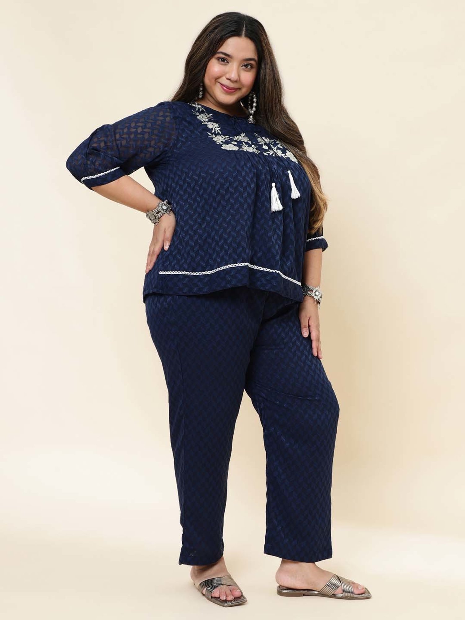 Sringam Blue Embroidered Top Pant Set