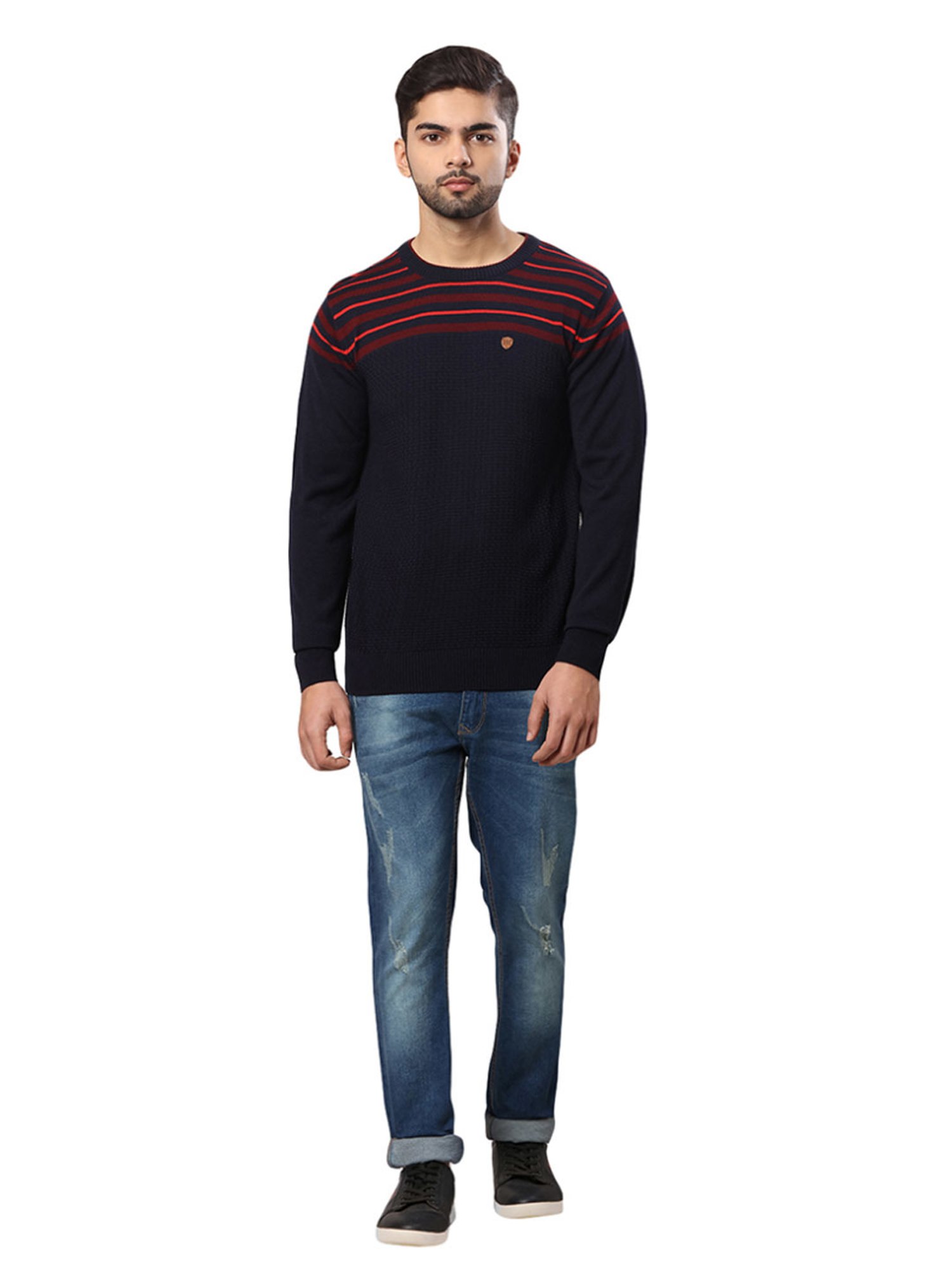 Raymond Black & Red Regular Fit Striped Sweater