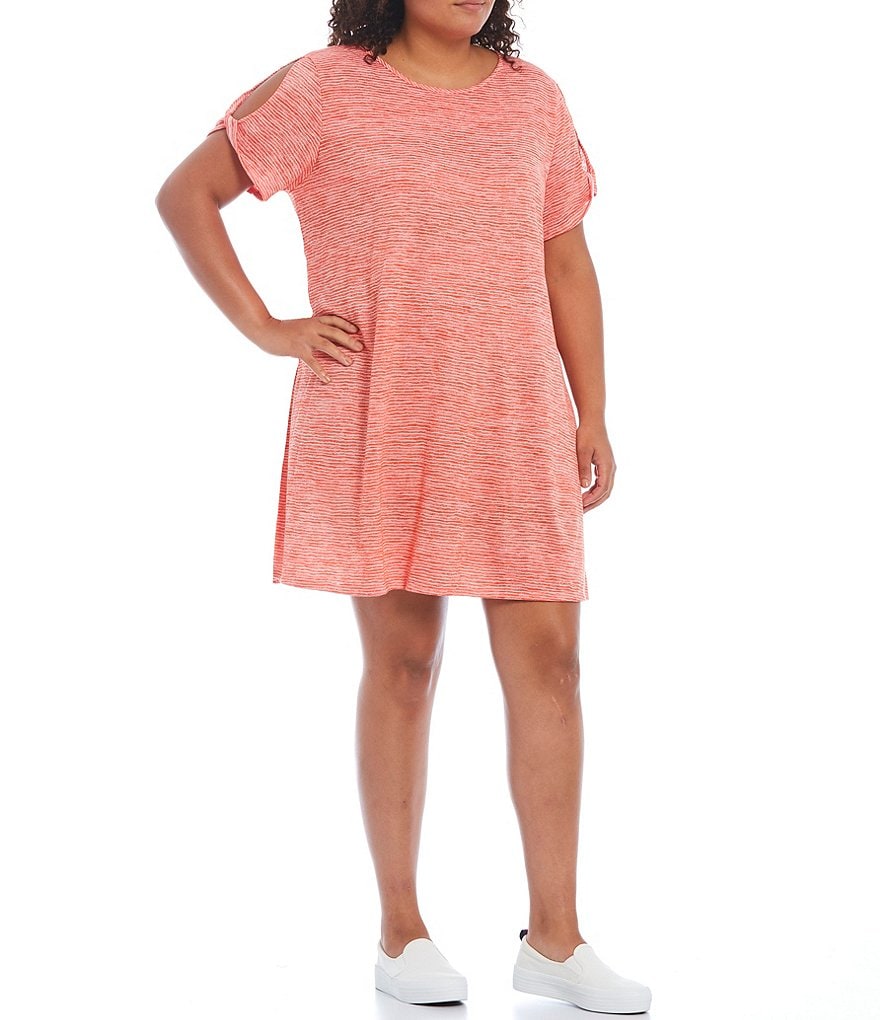 Ruby Rd. Plus Size Silky Knit Terry Space Dyed Stripe Scoop Neck Cold Shoulder Short Sleeve Dress