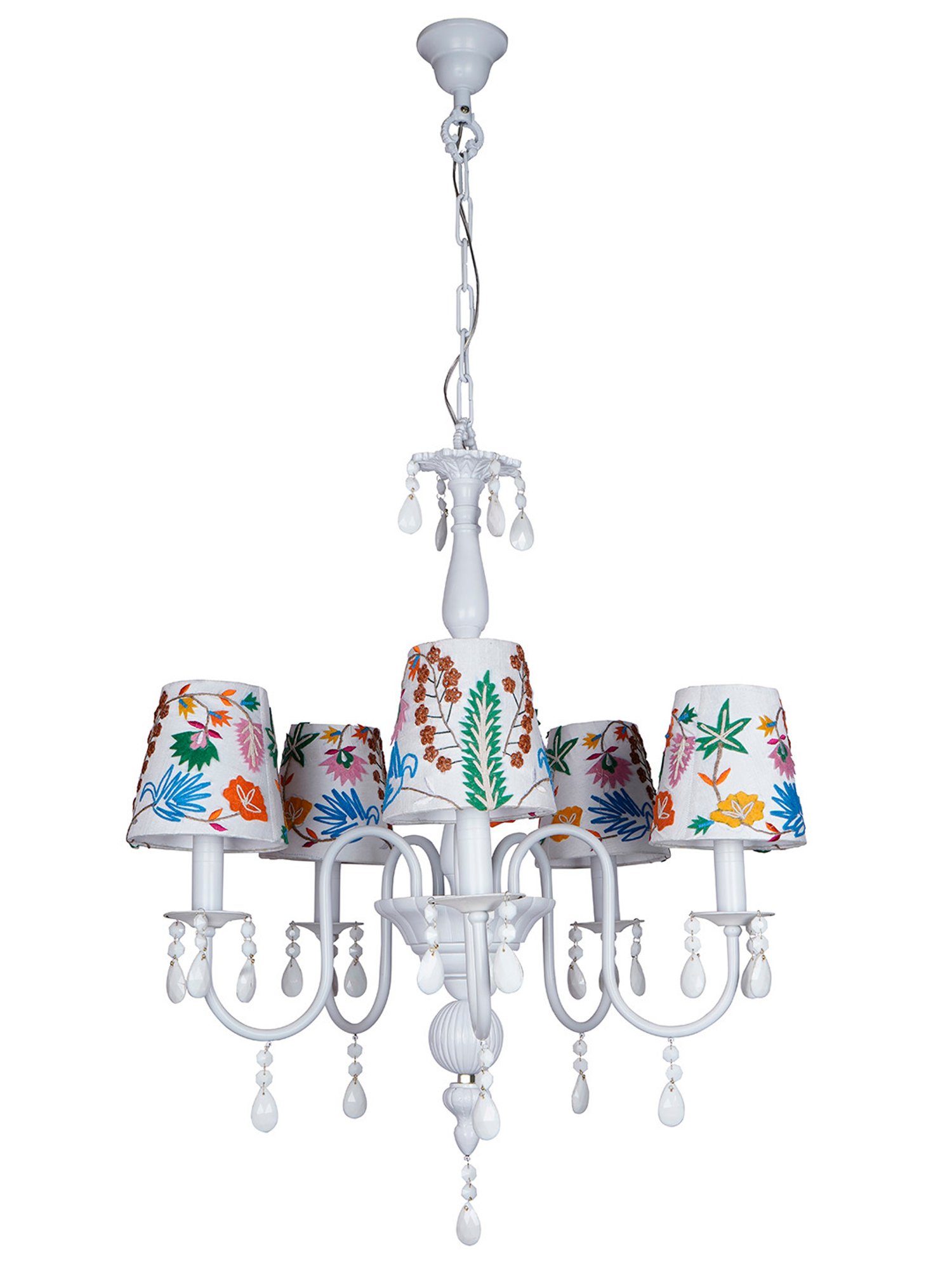 FOS LIGHTING Sparkling Blooms White Mild Steel 5 Light Chandelier with Embroidered Florals