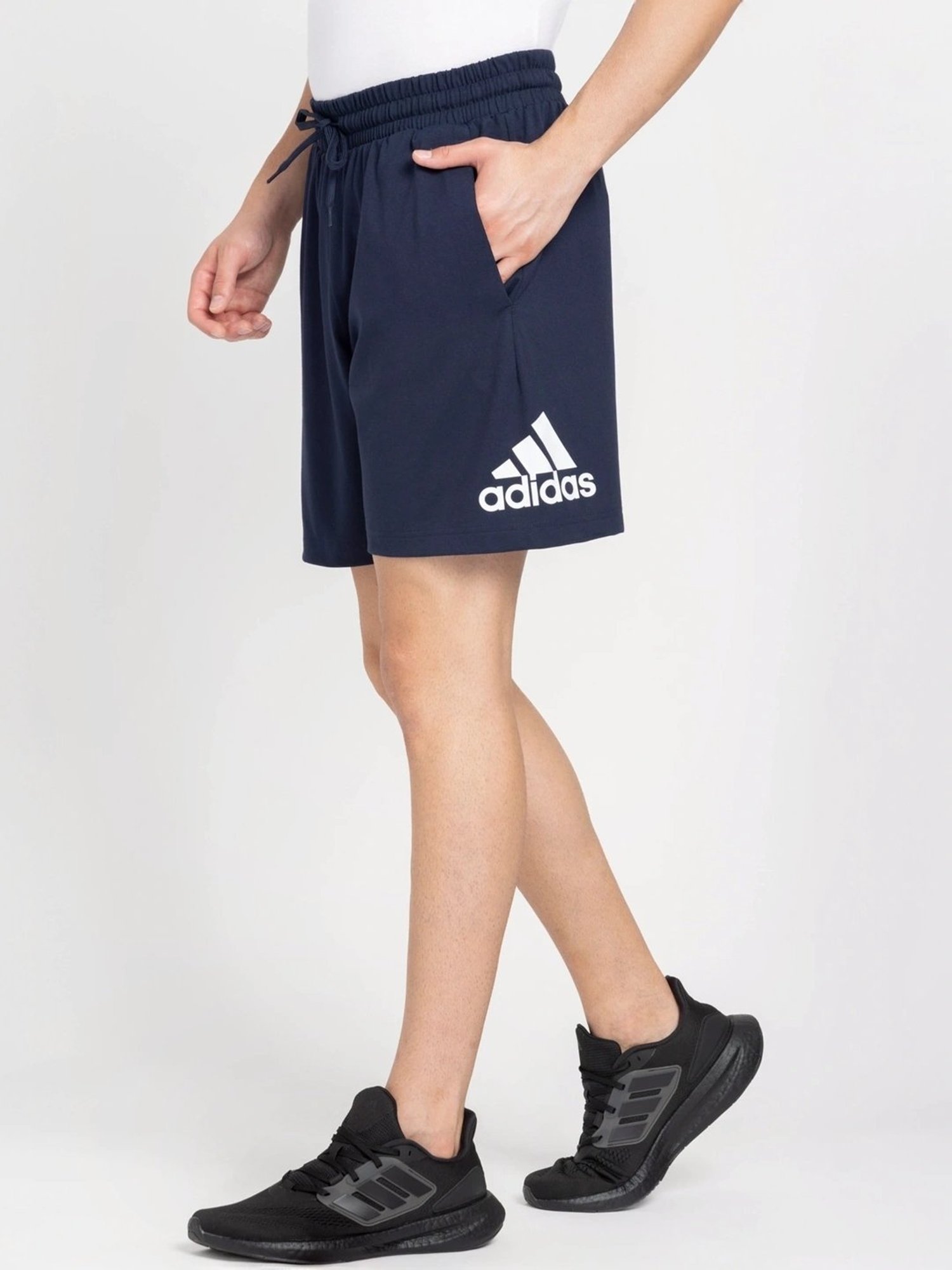 Adidas Blue Cotton Regular Fit Logo Printed Sports Shorts