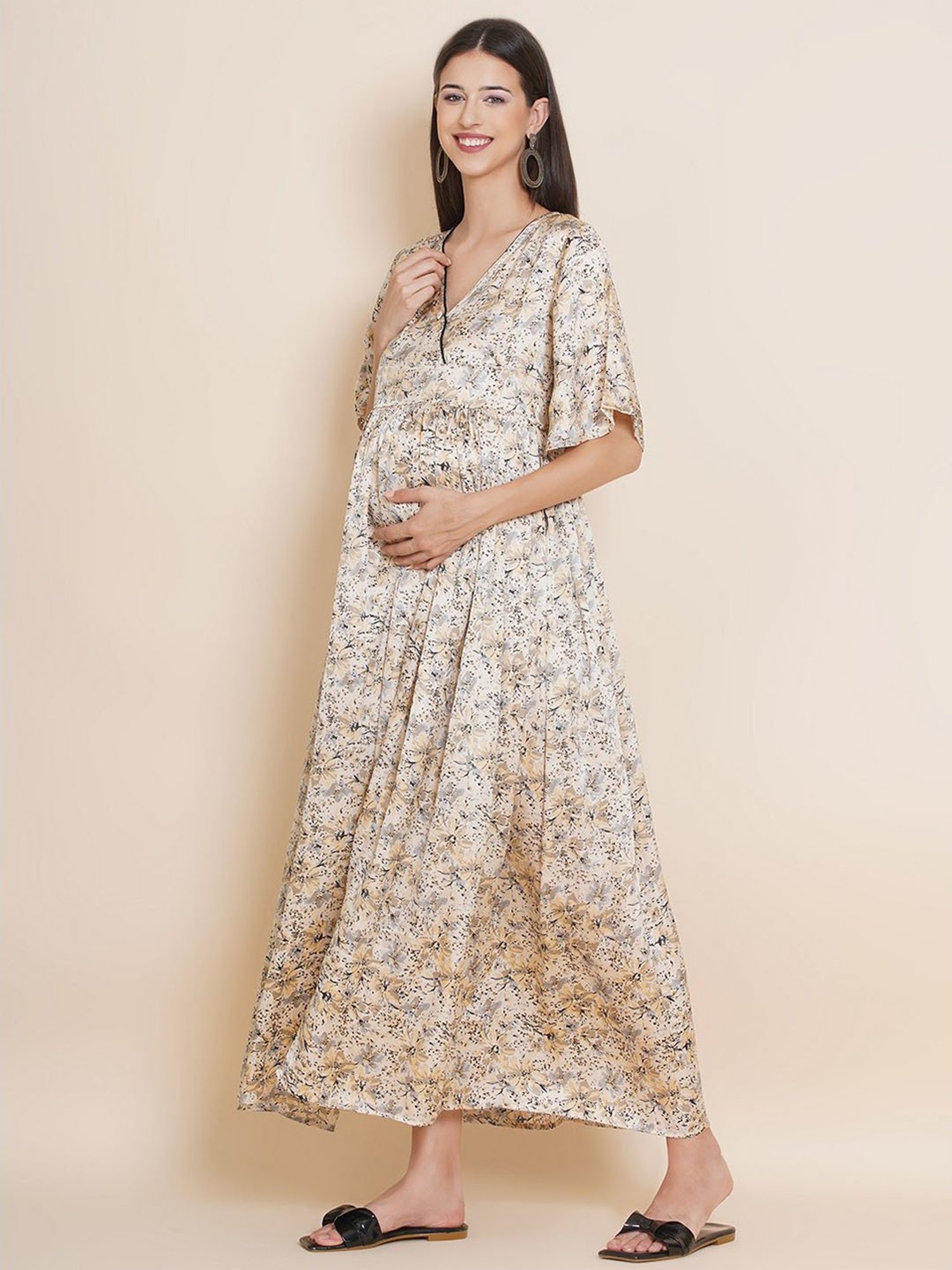 Mine4Nine Beige Floral Print Maternity Dress