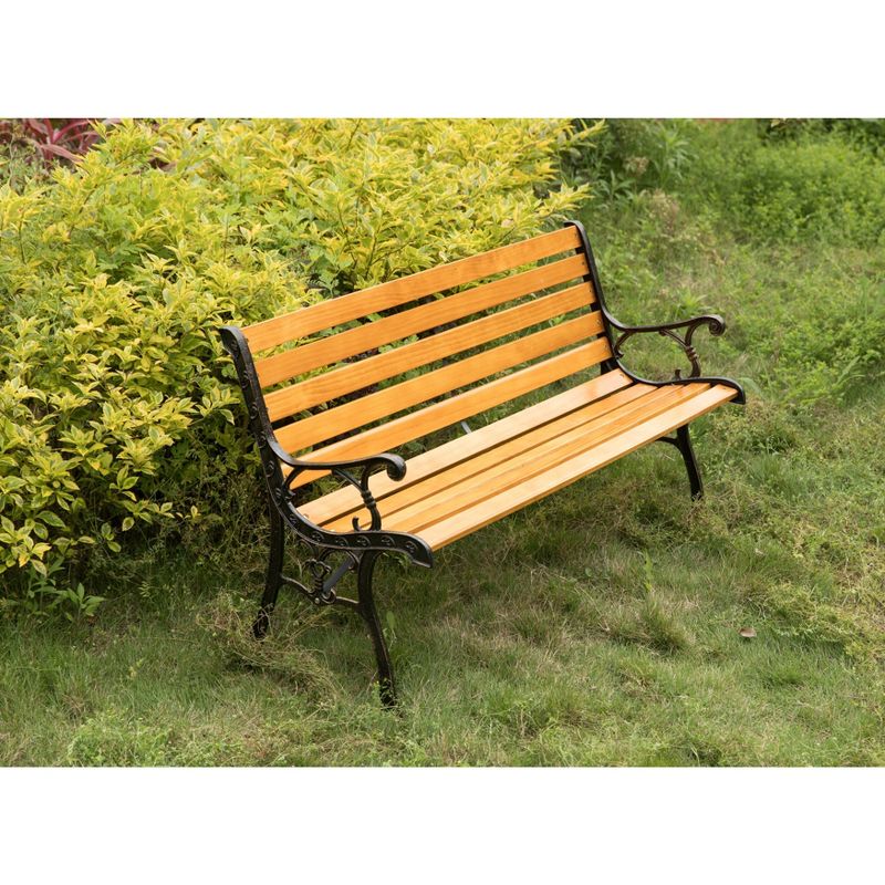 Gardenised Wooden Outdoor Park Patio Garden Yard Bench with Designed Steel Armrest and Legs