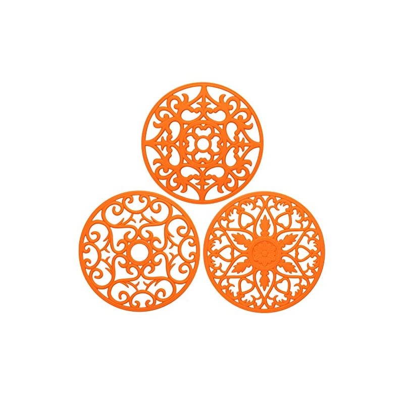 3 Set Silicone Multi-Use Intricately Carved Trivet Mat - Insulated Flexible Durable Non Slip Coasters (Orange)