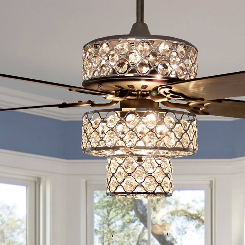 52" LED Metal Punched Triple Tiered Crystal Lighted Ceiling Fan Silver - River of Goods