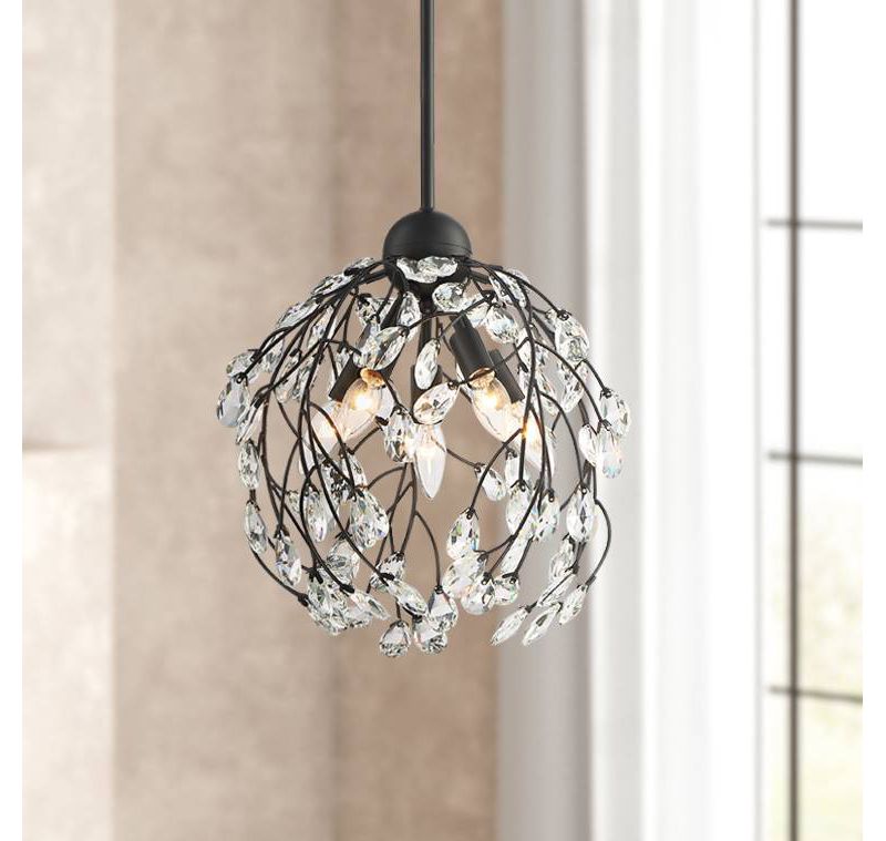 Regency Hill Aurine 14" Wide Matte Black and Crystal 5-Light Pendant Light