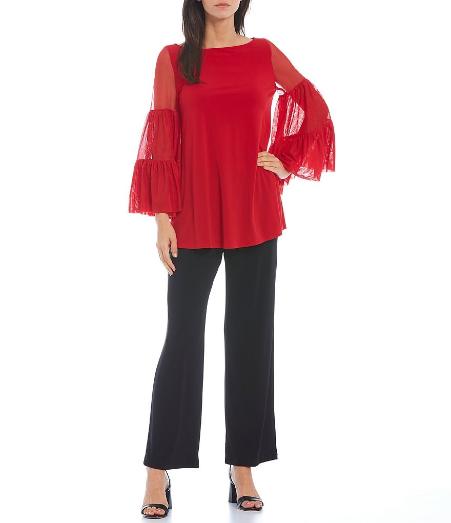 IC Collection Tiered Layer Mesh Bell Long Sleeve Boat Neck Knit Top